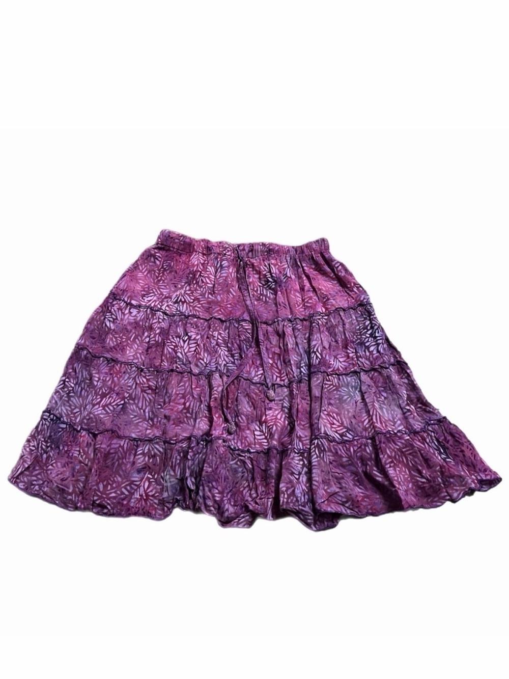 Vintage 90s does 70s Boho Tiered Rayon Skirt | Purple Pink Abstract Leaf Medium - Picture 2 of 9